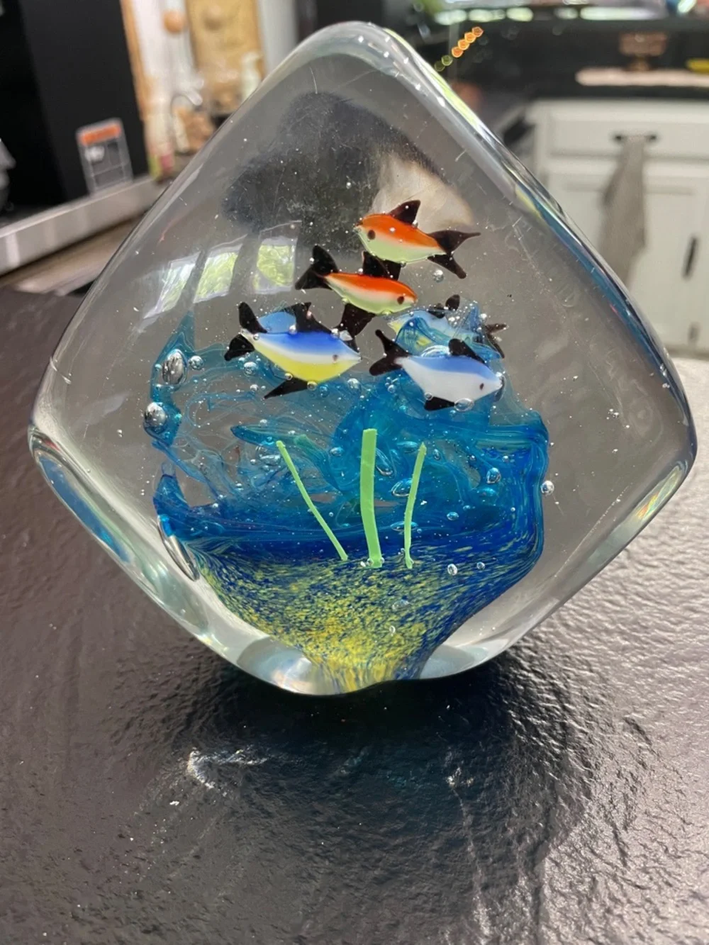 Handblown Glass Aquarium Sculpture with Blue Wave and Multicolor Fish